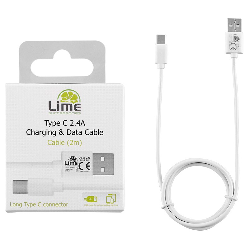 Lime Λευκό Type C long Usb 2.4A Φόρτισης-Data 1m LUC01