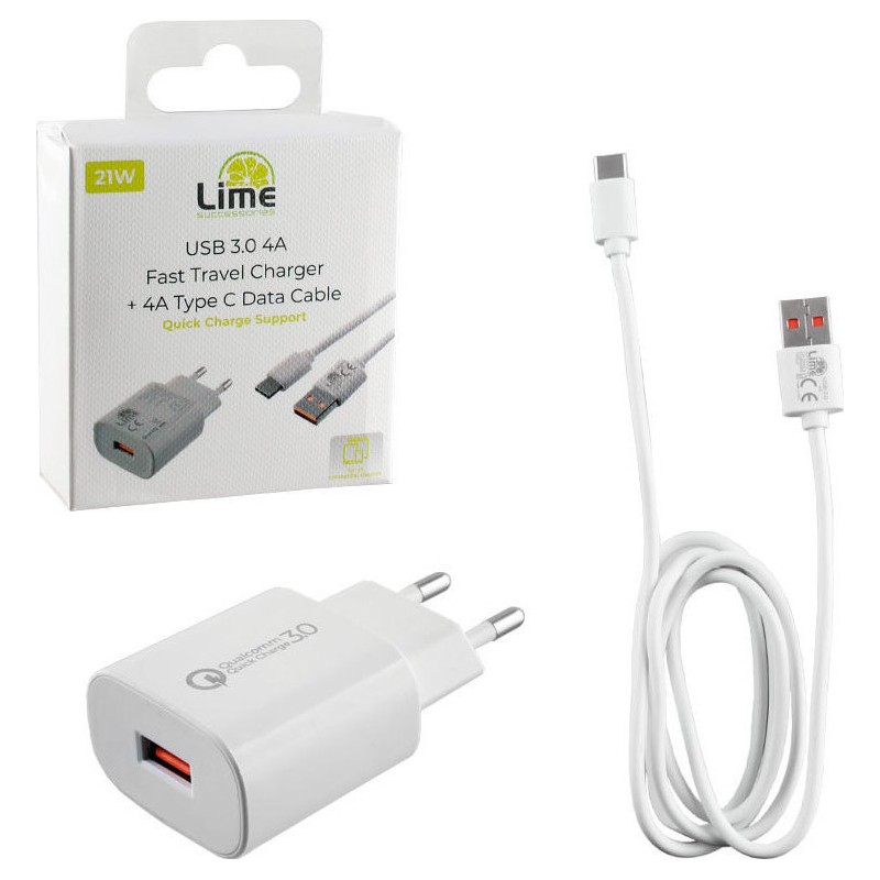 Lime Λευκό USB 3.0 PD Fast Travel Charger QC 3.0 LTU24 21W 4000mA + Καλώδιο Φόρτισης-Data L14 TYPE C